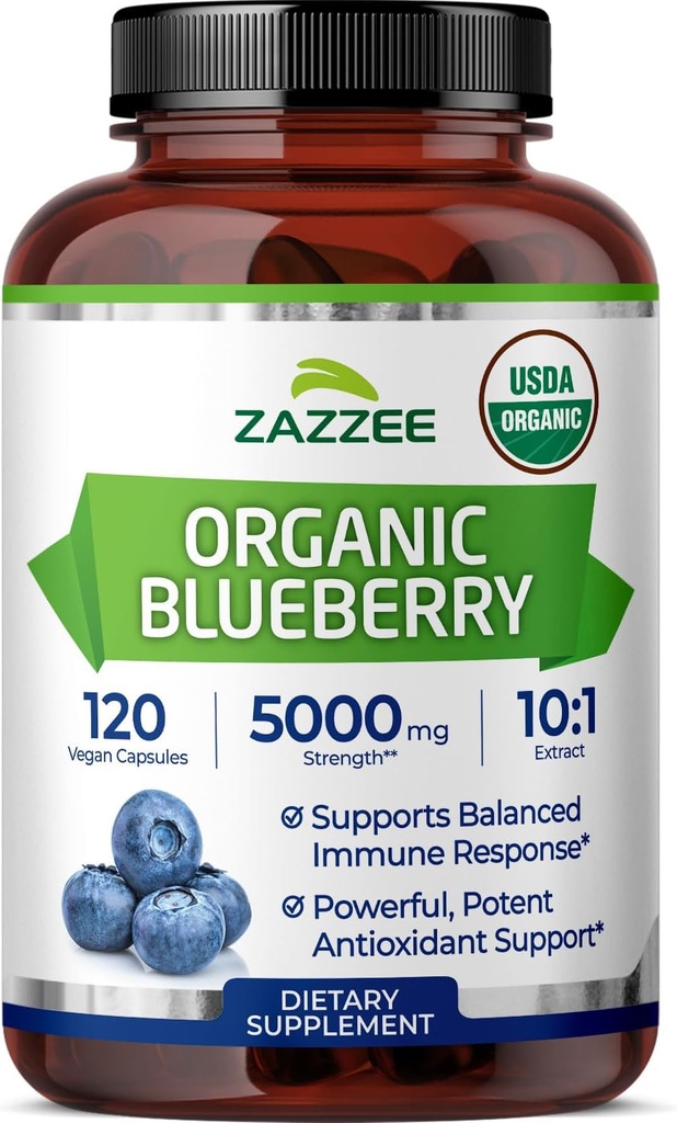 Zazzee USDA Organic Blueberry 10: 1 Extract, 5000 mg Strength, 120 Veganske Kapsler, 4 Måned Supply, Koncentreret og Standardized 10X hel frugt ekstrakt, 100% Vegetar, Non- GMO, Made in The USA