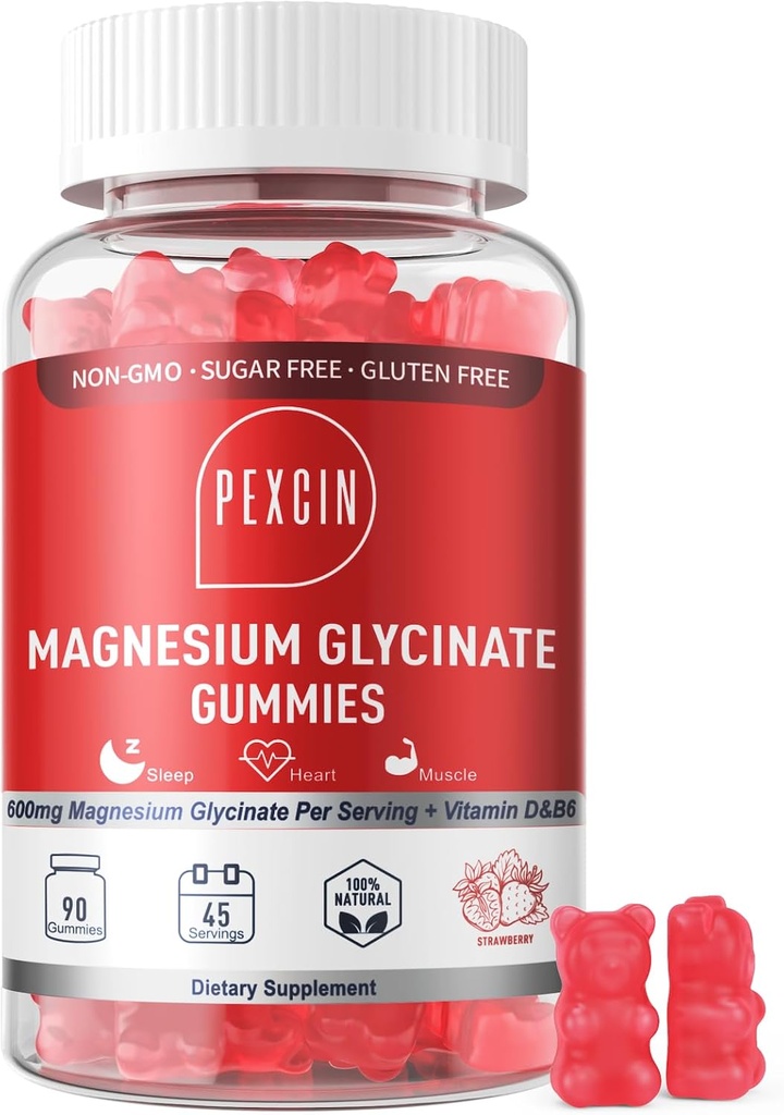 Magnesium Glycinate Gummies for voksne og børn, 1000mg høj absorption Magnesiumkompleks supplement, sukker fri med kalium, vitaminer til ro, søvn supprt, stress relief, 90 Tællere