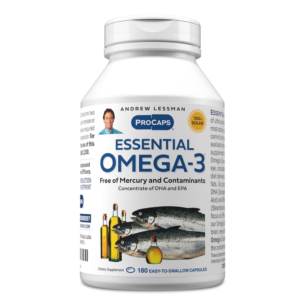 ANDREW LESSMAN Essential Omega-3 Unflavored - 180 Softels - Ultra-Pure, High Potence Omega-3 Olies. Høj DHA, ingen stomach, ingen kontaminanter, ingen kviksølv. Lille let at synke bløddele