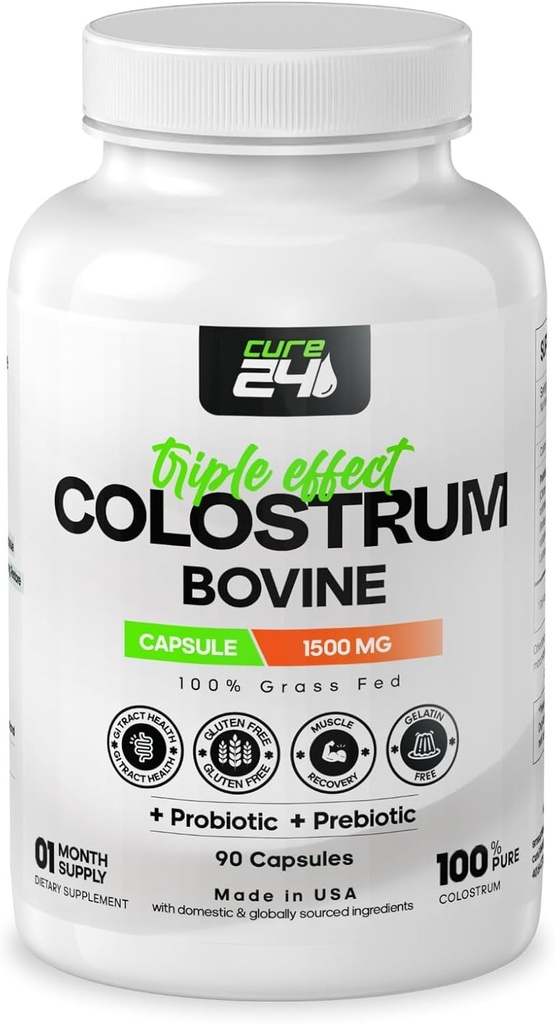 Bovine Colostrum X3 Kapseltilskud til mennesker, 100% Pure Whole Natural Grass Fed Superfood, High IgG, Plus Probiotic & Prebiotic, Made in USA