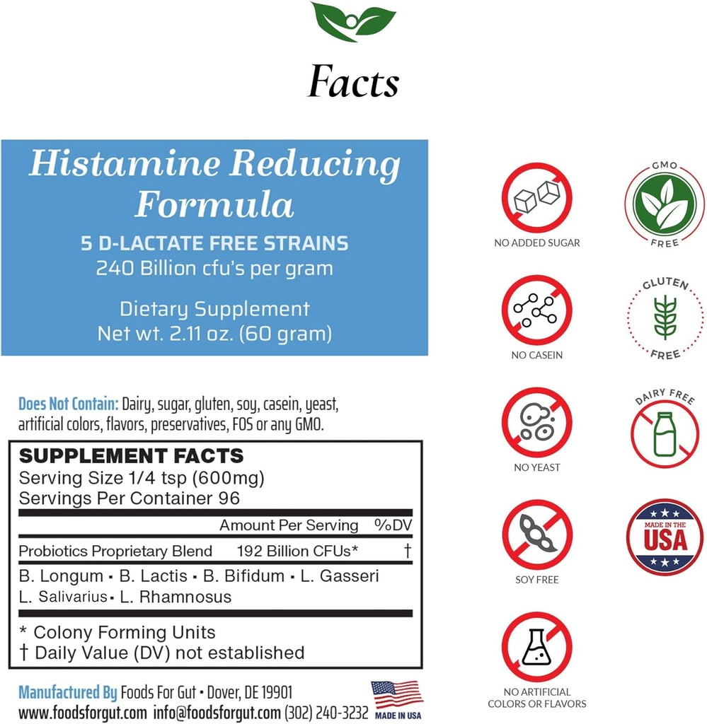 Foods For Gut Histamine & D Lactate Free Probiotics Powder 240 Billion CFU | Made in USA | No Additives | Direct from Manufacturer | No Third-Party Storage | Immune Support | 60 Grams (2.11 OZ)