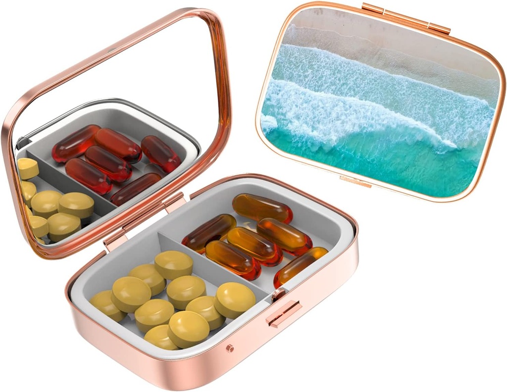 Cute Small Pill sag til lommer og tasker, Elegant Pill Box gør en stor gave, 2 Segment Travel Medicine Stores Progesteron, Capsule Pills, Ibuprofen, Vitamins-Rose Gold Color Beach