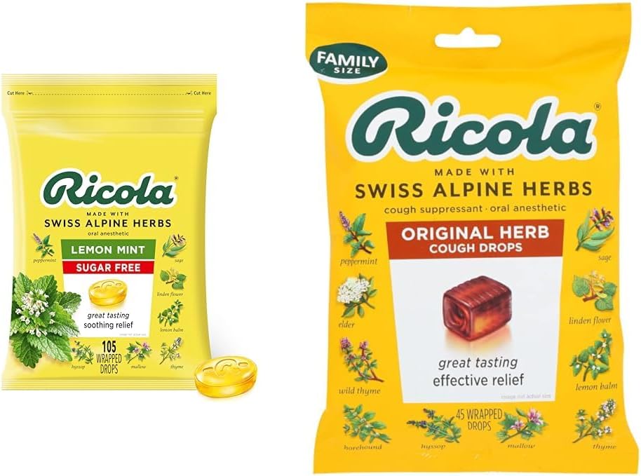 Ricola Sugar Free Lemon Mint Herbal Hoste Suppressant Hals Drops, 105ct Bag & Original Natural Herb Host Suppressant Hals Drops, 45 Drops, Fights Hotter naturligt