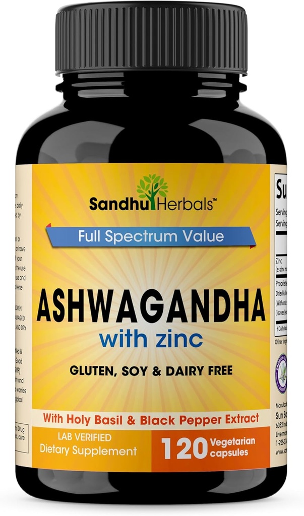SANDHUHERBALS Sandhu Herbals Ashwagandha Supplement 124; 120 Organic 4 i 1 kapsler, 2 Måneder Supply 124; med zink, Black Pepper & Holy Basilikum Extract