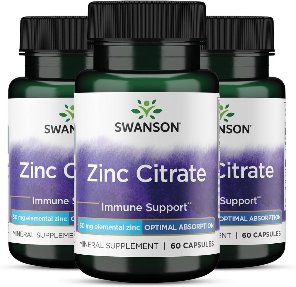 Swanson Zinkcitrat - Mineral supplement Fremme sund Vision & Immunsystem Sundhed - Naturlig formel støtte Samlet Wellness - (60 kapsler, 50 mg hver) 3 Pack