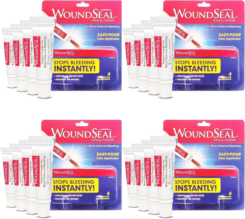 WoundSeal Powder 4 Hver (pakke af 4) - Sårpleje Førstehjælp til udskæringer, skraber og blade - Stopper blødning i sekunder uden syninger eller bandager