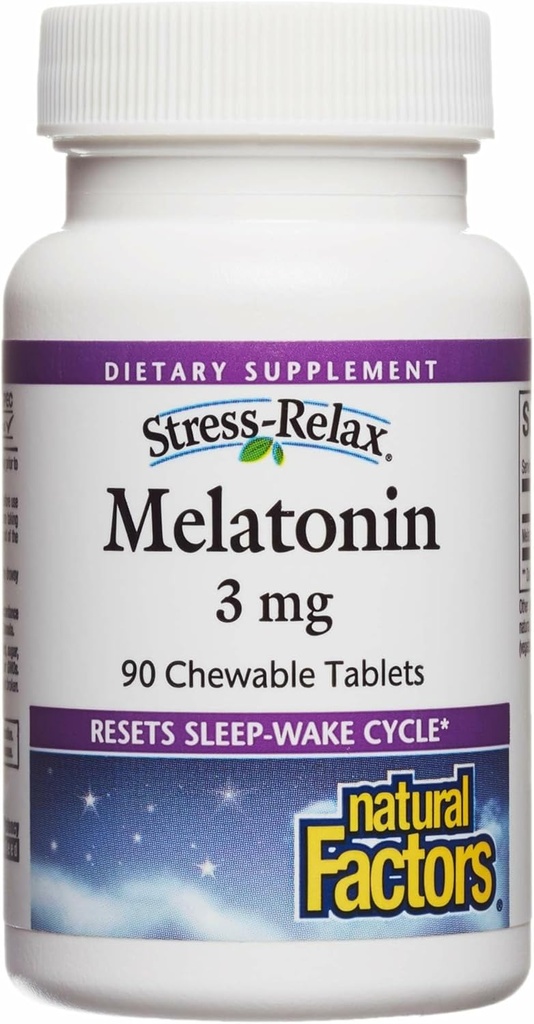 Stress- Relax Melatonin 3 mg af naturlige faktorer, Natural Sleep Aid, Nulstiller Sleep- Wake Cycle, 90 tyggetabletter (90 portioner), Pebermynte Flavor