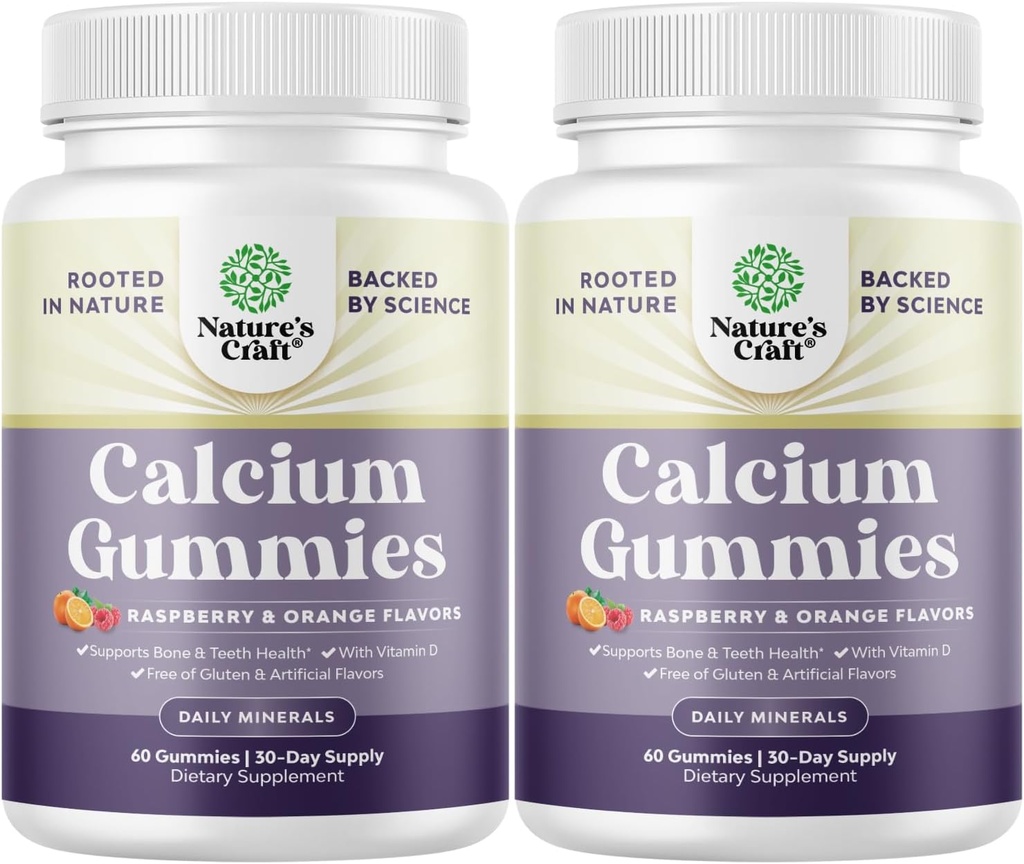 Natures Craft High Absorption Calcium Gummies med vitamin D3 - lækker Calcium Gummies for voksne - Chewable og D-vitamin supplement til ben sundhed og immunforsvar Gelatin- Free 60ct (2 Pack)