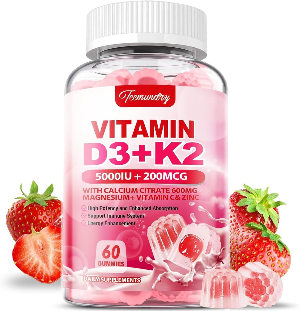Vitamin D3 K2 supplement til voksne - Vitamin D3 5000 IE + K2 200 mcg - VIT D3 K2 gummier med calcium 600mg Magnesium Zink & C-vitamin til kvinder Mænd - Understøtter B0ne, Muscle immun