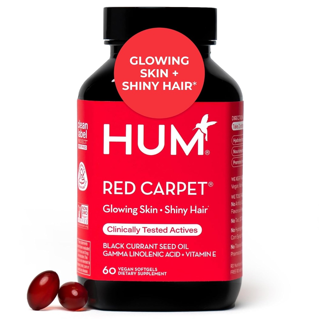 HUM Red Carpet hud & hår vitaminer til kvinder med Omega 3 Fedtsyrer, E-vitamin, og Black Currant Seed Oil, supplement til hud sundhed & sunde hår Follicles Support, 60 Greve