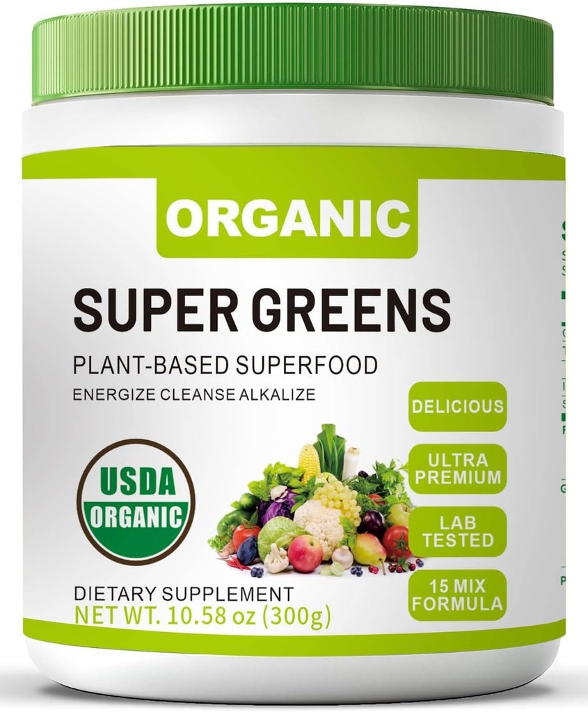 Organic Super Green Superfood Powder med Spirulina & Chlorella for Gut Health, Understøtter Immunitet, fordøjelsessygdomme, naturlig energi, probiotisk, antioxidant, fordøjelsessygdomme, (300grs)