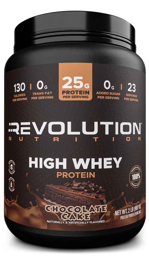 Revolution Nutrition, High Whey, Protein Powder 2LB, Whey Isolate, Gluten Free, Lean Muscle Mass for Mænd & Kvinder, 25g Protein Per Scoop, 908 g, 24 Servere (Chokolade Cake, 2 Pound)