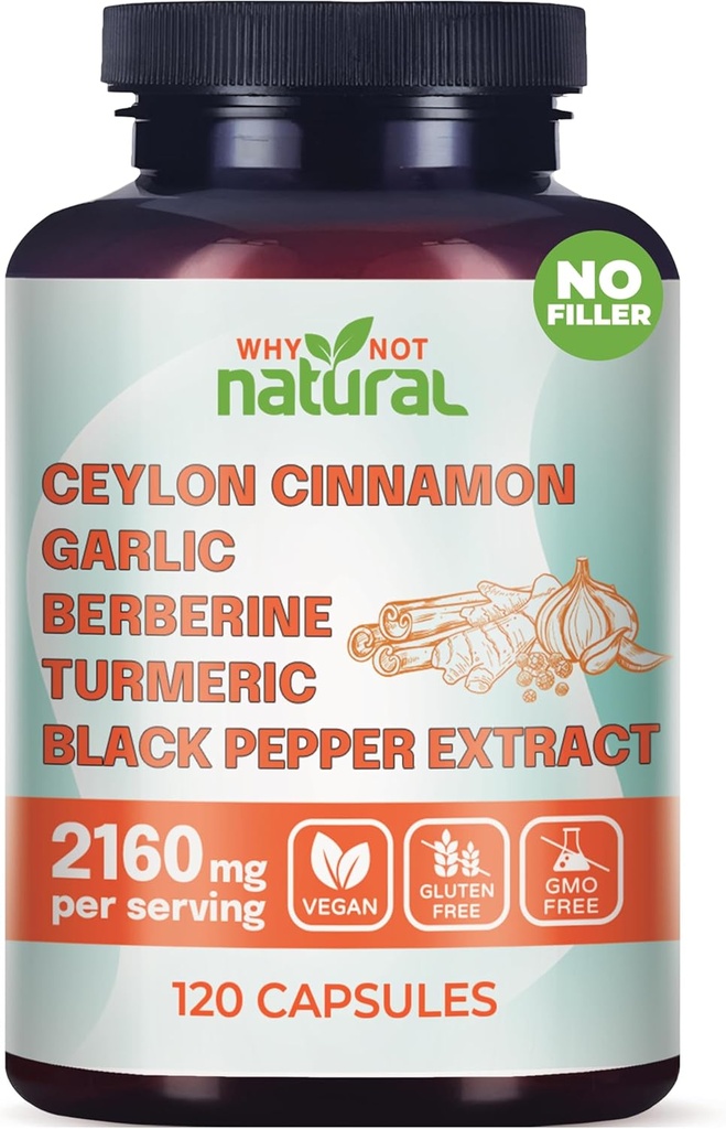 5-in-1 Organic Ceylon Cinnamon Capsules with Berberine, Garlic, Turmeric, Black Pepper Extract Pills