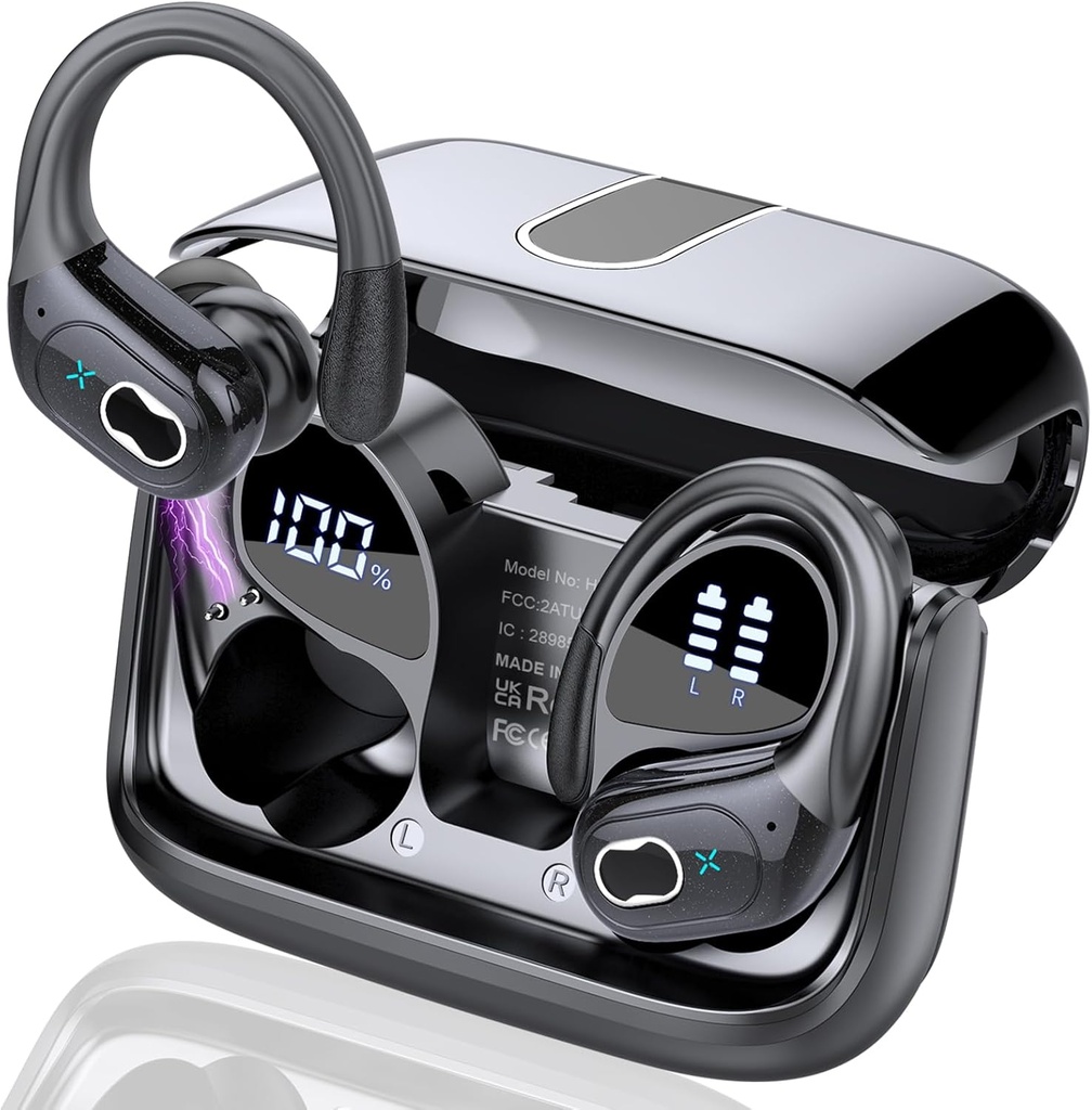 Trådløse Earbuds 75hrs Bluetooth 5.4 Headphone Sport, 2025 Bluetooth Earbuds Stereo Deep Bass Over Ear Bud med Earkrogs, ENC Støj Annullering Mic, IPX7 Vandtæt Earphone til træning / kørsel