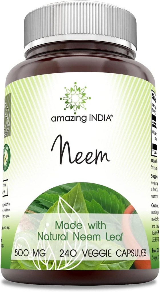 Amazing India Neem (Made with Natural Neem Leaf) 500 mg Veggie Kapsler Supplement 124; Non- GROMLE 124; Gluten Free Measures 124; Made in USA