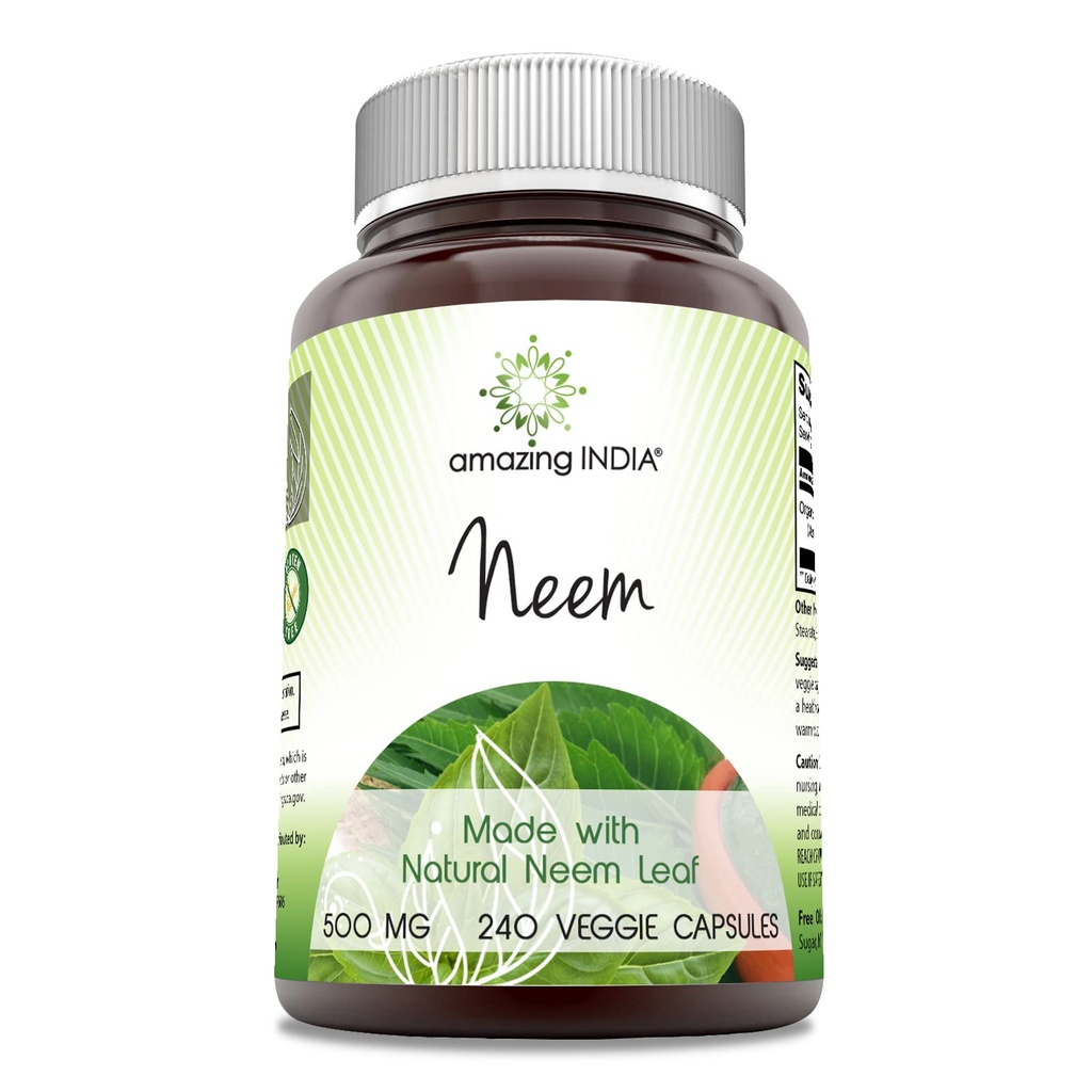 Amazing India Neem (Made with Natural Neem Leaf) 500 mg Veggie Kapsler Supplement 124; Non- GROMLE 124; Gluten Free Measures 124; Made in USA
