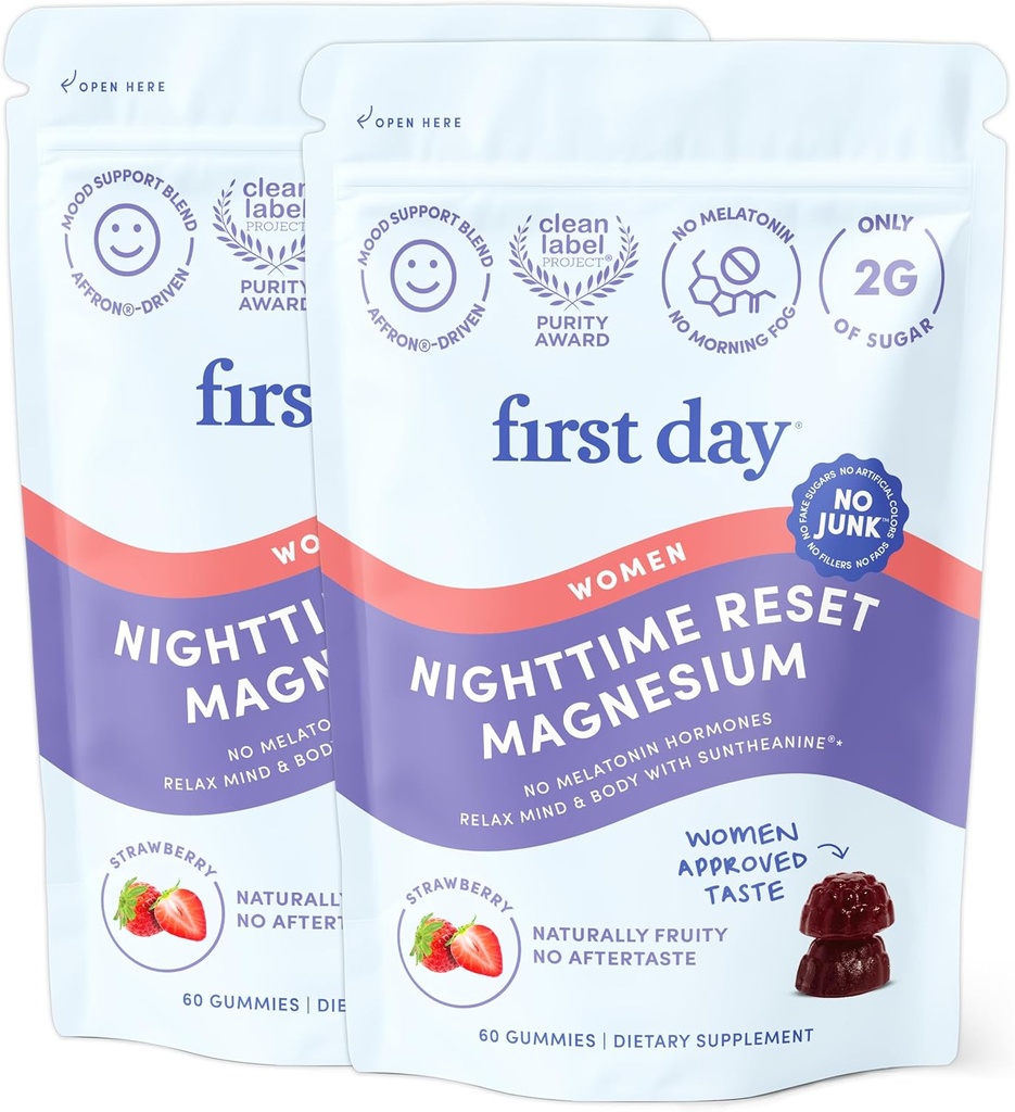 Første dag kvinders Nighttime Nulstil Calming Magnesium Gummies - Sleep Aid Understøtter Fredelig hvile, Balanceret Mood & Energy - tillæg med Magnesium Citrate, L- Theanine & No Melatonin - 60- Day Supply