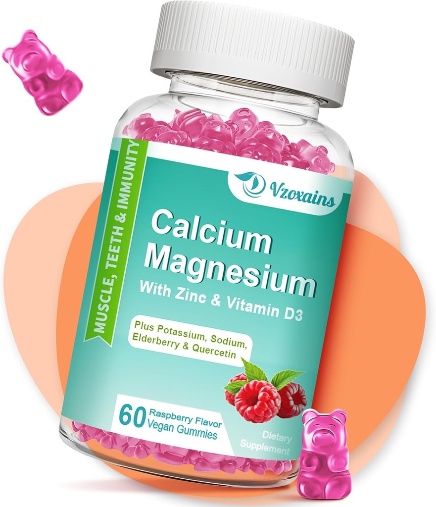 Høj Absorption Calcium Gummier, Calcium Magnesium Zink med Magnesium Glycinat, Kalium, D3- vitamin til kvinder & Men- Raspberry Smagen 60 Cts