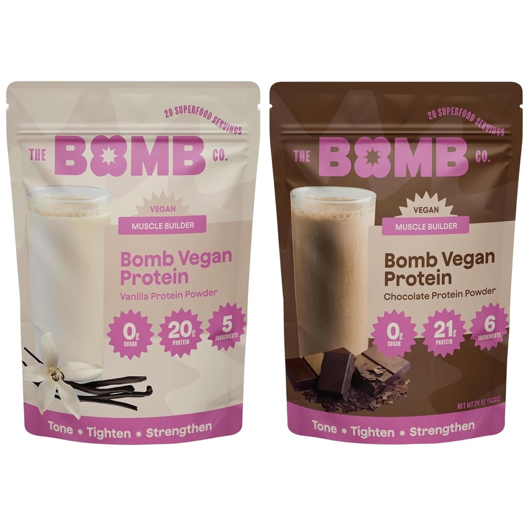 Blender Bomber Bombe Co. Bomb Plante Protein, Chokolade & Vanilla Protein Powder med 21g Protein, Aminosyrer, Zero Sugar, Pea Protein, Kakao, Chia Frø, Vanilla & Monk Frugt, 40 Srvgs