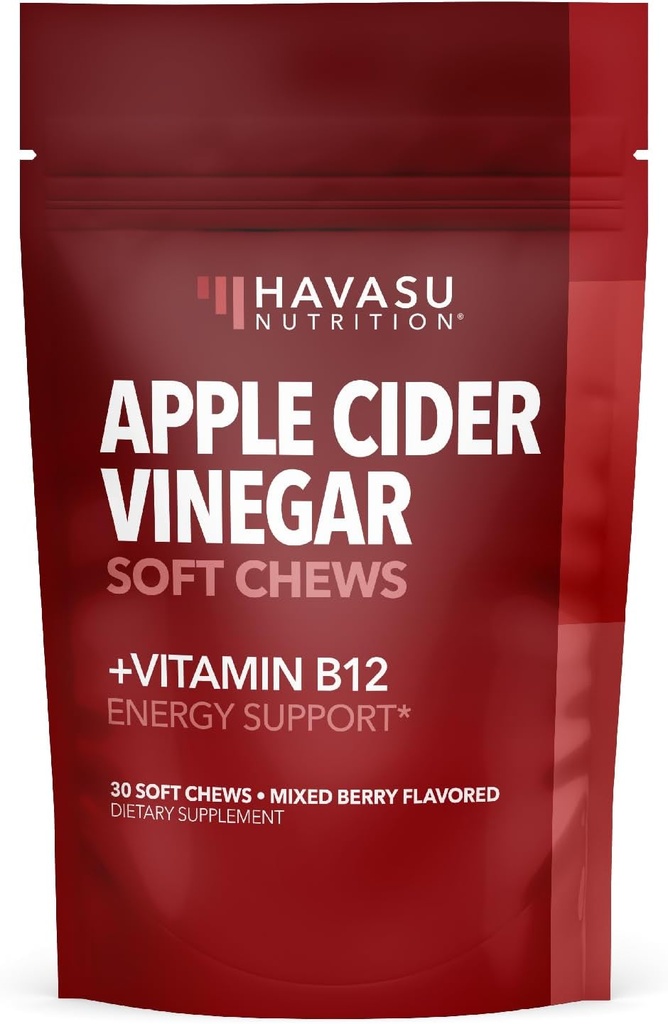 Apple Cider Vinegar Chews with Vitamin B12 and Folate - Convenient ACV Supplements for Energy and Digestive Health - 30 Count - Individually Wrapped - Mixed Berry Flavor, Vegan - 1 Month Supply
