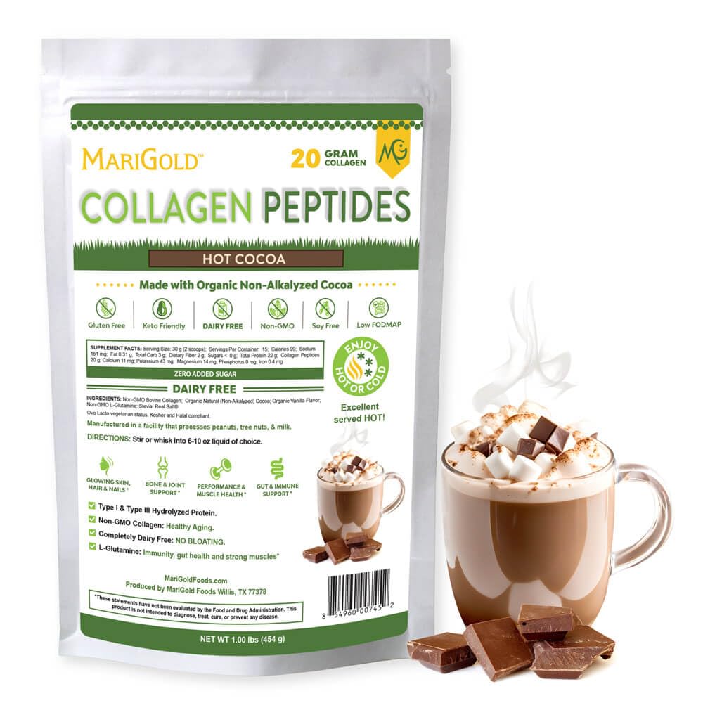MariGold Grass- fed Collagen Peptider Powder Hot Cocoa 1LB - 100% Pure, Type I & III Bovine Hydrolyzed Collagen, Non- GMO, Hormonfri, Soy Free, Gluten Free, Dairy Free, Keto- Friendly