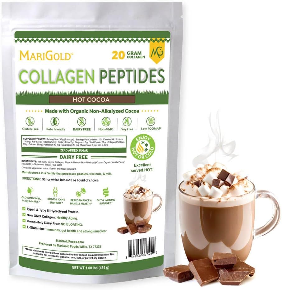 MariGold Grass-fed Collagen Peptides Powder Hot Cocoa 1LB - 100% Pure, Type I & III Bovine Hydrolyzed Collagen, Non-GMO, Hormone Free, Soy Free, Gluten Free, Dairy Free, Keto-Friendly