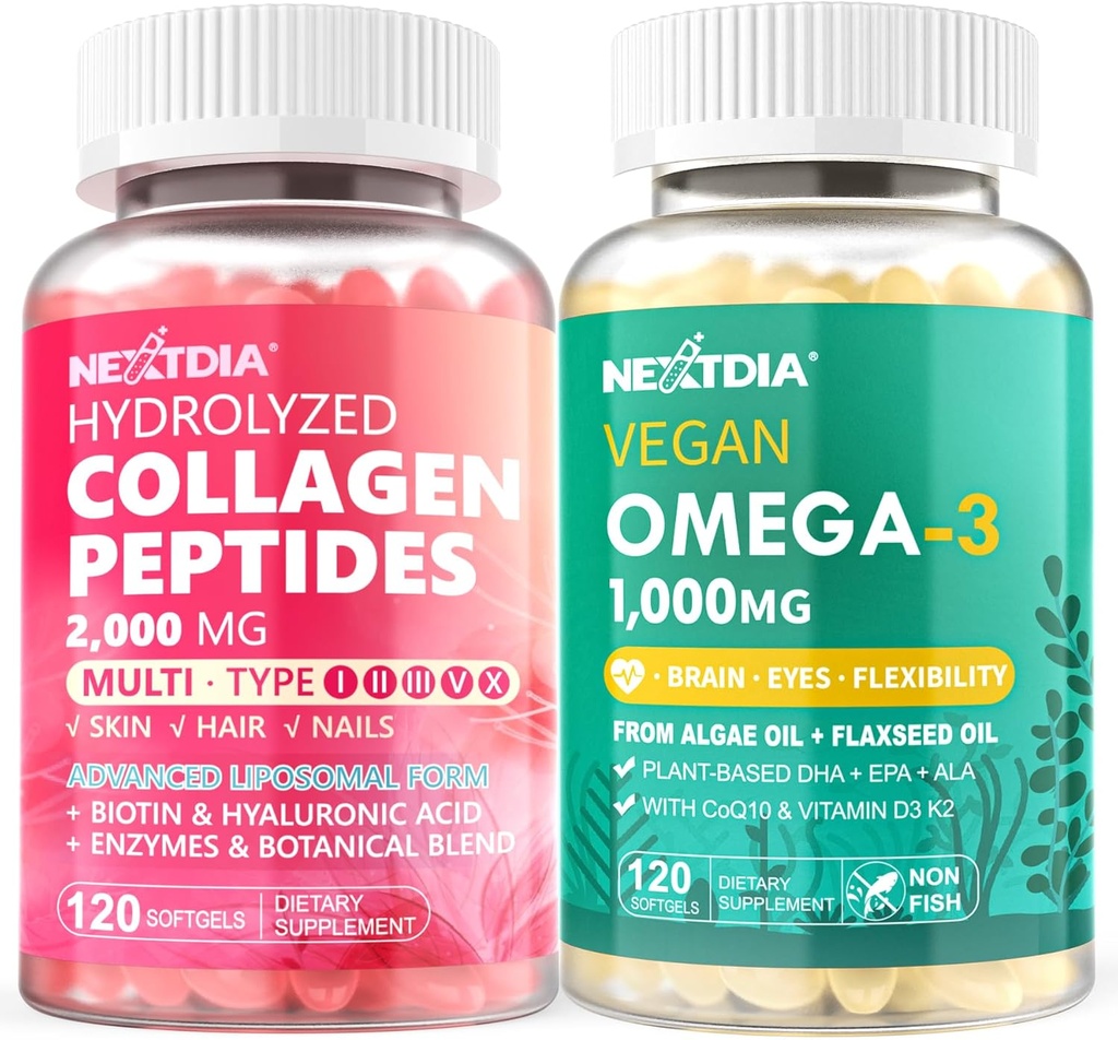 Hydrolyseret collagen peptider piller + Vegan Omega 3 tillæg med vitamin D3 K2