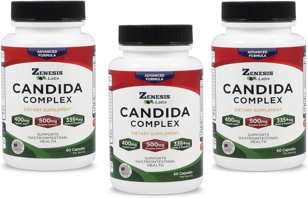 Zenesis Labs Candida Complex Rense Detox Capacid Supplement, Oregano Extract, Probiotika, Enzymes - Bulk 180 kapsler, 90 dages forsyning (60 kapsler / flaske)