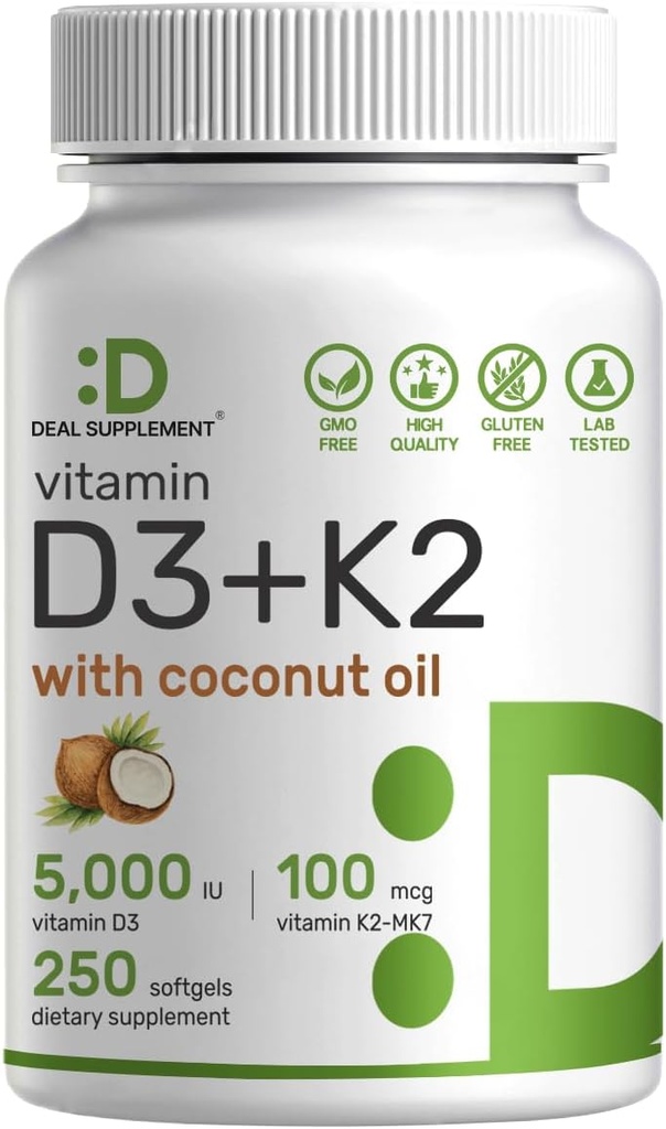 DEAL SUPPLEMENT Vitamin D3 5.000 IE + K2 MK7 100mcg Softgels ekskl. 124; 2- 1- kompleks med Virgin Kokosolie; støtter hjerte, ben, tænder og immunforsvar; let at synke