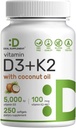 DEAL SUPPLEMENT Vitamin D3 5.000 IE + K2 MK7 100mcg Softgels ekskl. 124; 2- 1- kompleks med Virgin Kokosolie; støtter hjerte, ben, tænder og immunforsvar; let at synke