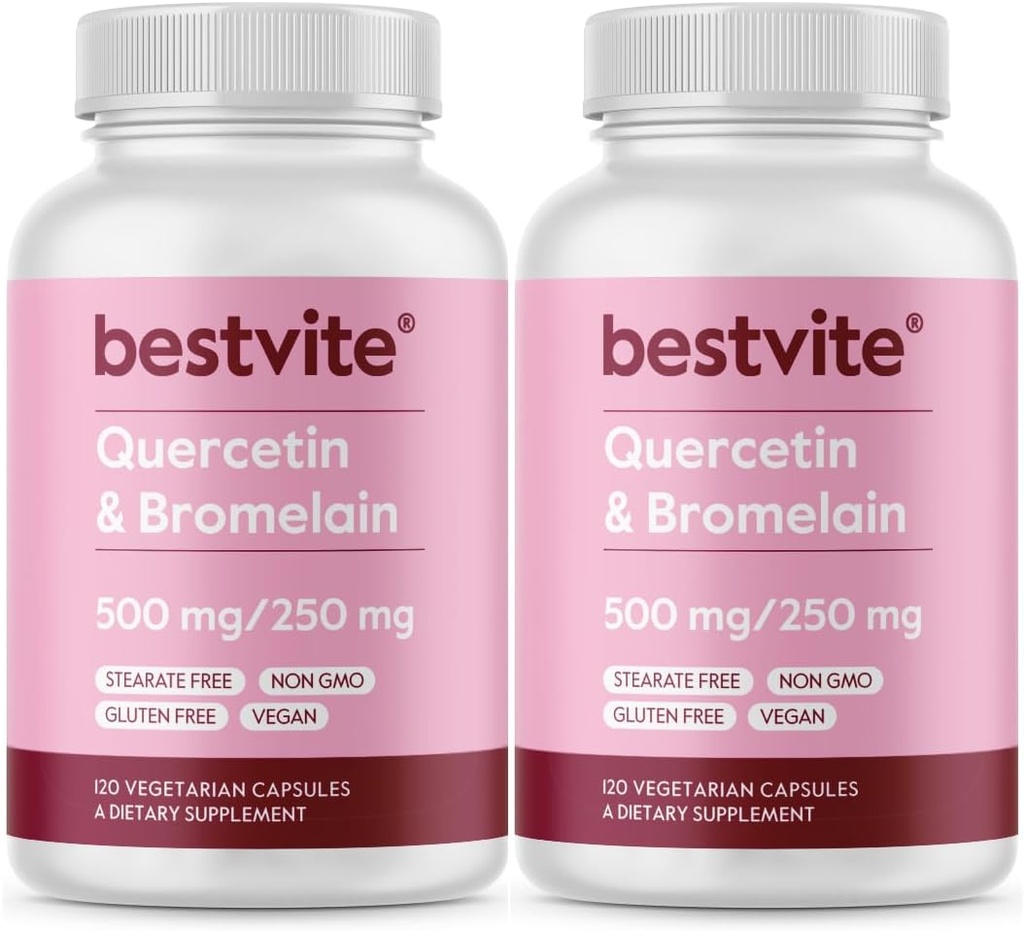 BESTVITE Quercetin med bromelain 500 mg / 250 mg (240 vegetariske kapsler) (120 x 2) - Ingen stearater - Ingen silikonedioxid - Vegan - Non GMO - Gluten Free