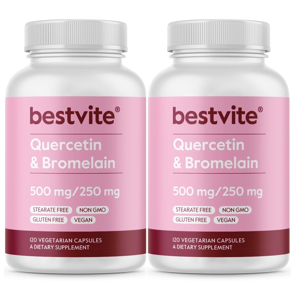 BESTVITE Quercetin med bromelain 500 mg / 250 mg (240 vegetariske kapsler) (120 x 2) - Ingen stearater - Ingen silikonedioxid - Vegan - Non GMO - Gluten Free