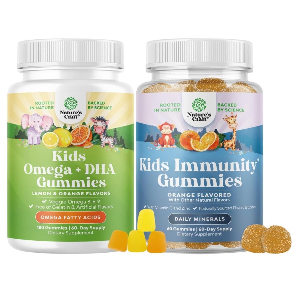 Bundle af Omega DHA Gummies for Kids - Fedtsyrer Omega 3 6 9 med C-vitamin til hjerne, Immunitet & Vision og Kids Immunity Support Gummies - Lækker C-vitamin med Zink & Echinacea Immunbooster