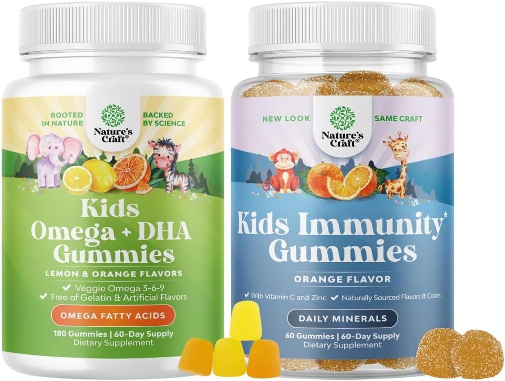 Bundle af Omega DHA Gummies for Kids - Fedtsyrer Omega 3 6 9 med C-vitamin til hjerne, Immunitet & Vision og Kids Immunity Support Gummies - Lækker C-vitamin med Zink & Echinacea Immunbooster