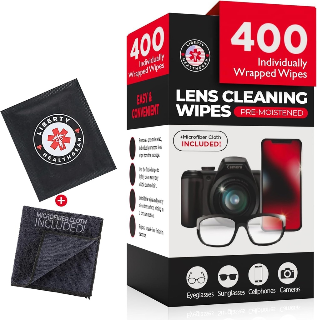 400 Eyeglass Rengøringsservietter + mikrofiber klud til Eyeglasses & Lens Rengøringsmidler 124; Præ- fugte, individuelt indpakket, Mindre Alkohol Formel 124; Lens servietter til Eyeglasses, Eye Glasses, Lenses & Screen