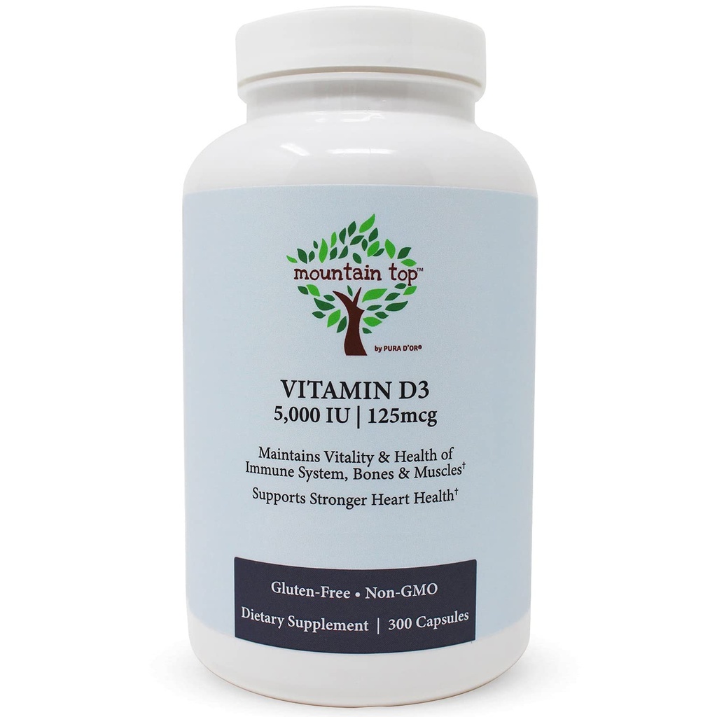 MOUNTAIN TOP Vitamin D3 5000 IE 125mcg kapsler (300 Greve) Hjælper support immunforsvar, stærke knogler og tænder, & Muskelfunktion - ikke-GMO, Gluten- fri