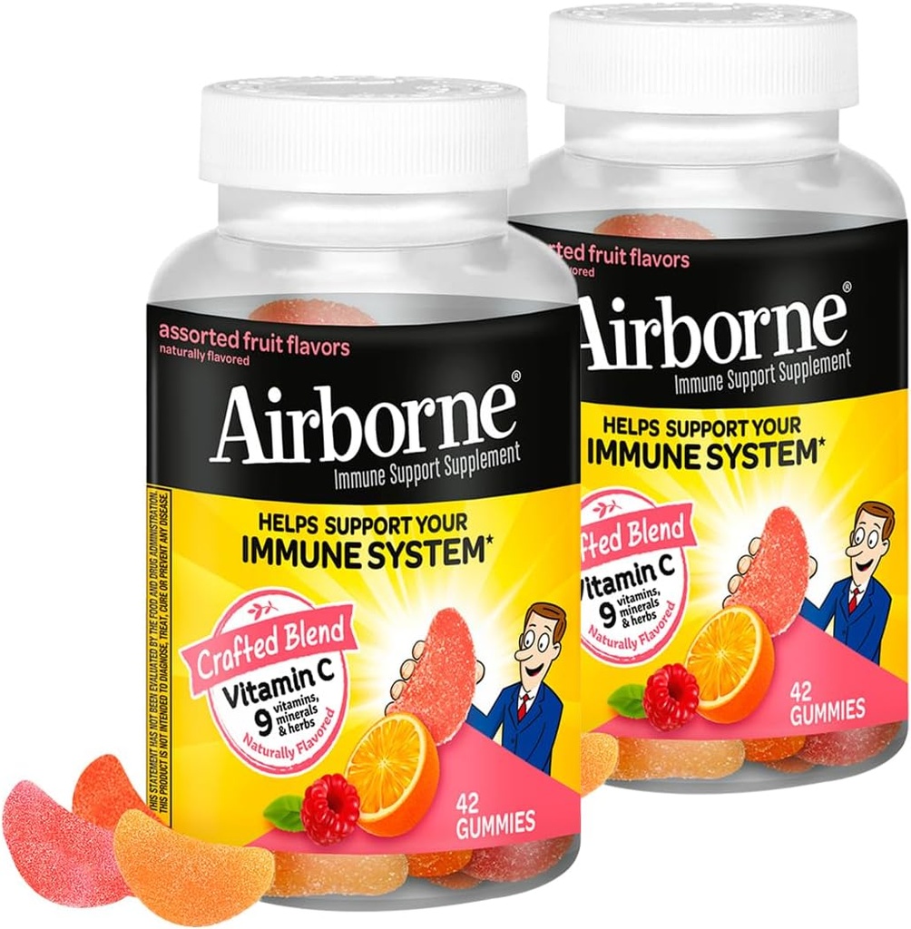 Airborne 750mg C-vitamin immunstøtte supplement Gummies for voksne, Assorterede frugtflager, Gluten Free Manufted Blend med kraftfulde antioxidanter Vitaminer A C & E, 42 Gummies (2 Pack)