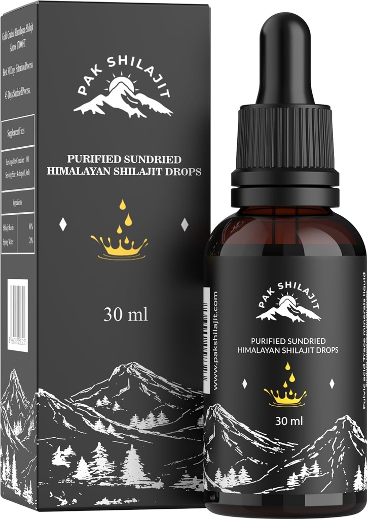 PakShilajit ® Sun Tørret Himalayan Shilajit Liquid Drops, Mest Premium & Organic Gold Graded Shilajit Drops Over 17000FT (30ML Pack), Rich in Fulvic Acid Humic Acid Natural Supplement