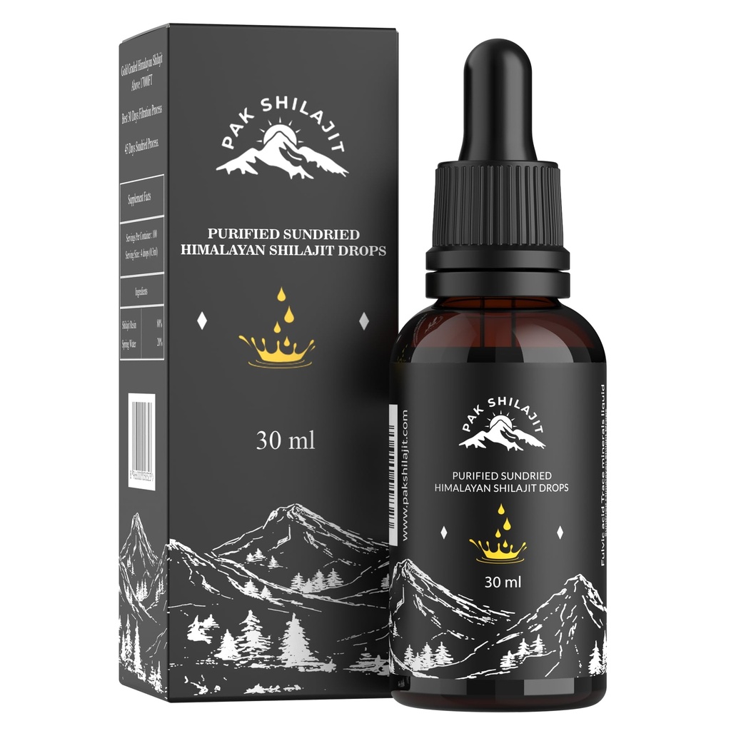 PakShilajit ® Sun Tørret Himalayan Shilajit Liquid Drops, Mest Premium & Organic Gold Graded Shilajit Drops Over 17000FT (30ML Pack), Rich in Fulvic Acid Humic Acid Natural Supplement