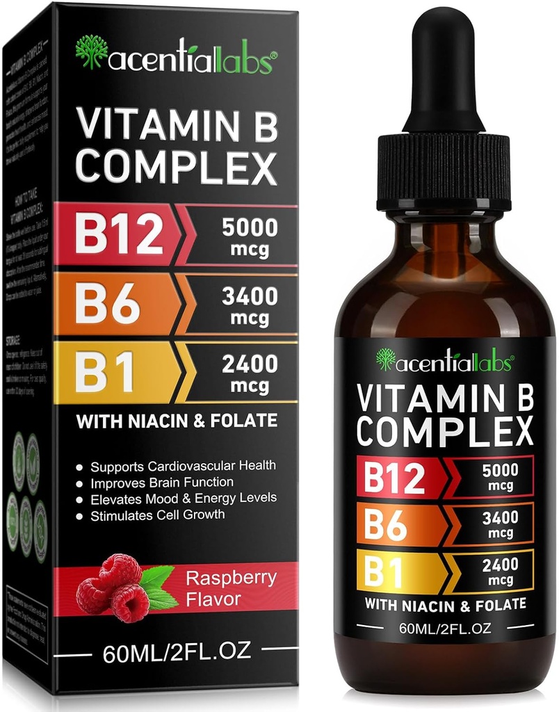 Vitamin B12 Flydende dråber - Økologisk Vitamin B12 Sublingual Drops - Økologisk Vitamin B- Complex B5 Pantothensyre - Vegan B12 Sublingual 5000 mcg med Vitamin B6, Flydende B12 Methylcobalamin Understøtter