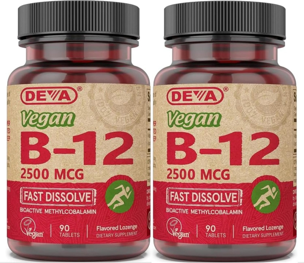 DEVA Vegan Vitamin B- 12, High Potency 2500 mcg B12, Fast opløsning, Sublingual, 90 tabletter (pakke med 2)