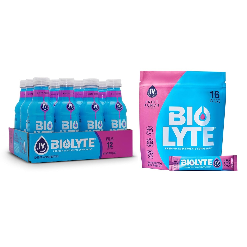 BIOLYTE Electrolyte Drink & IV Hydration Drink Mix - Doctor- Formuleret FSA & HSA Electrolytes Liquid, Rehydration Powder Packets, Kemoterapi skal hugge for kvinder & mænd - Berry, 12 flasker, 16 sticks