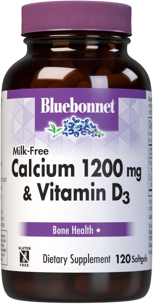 Bluebonnet Nutrition Milk- Free Calcium 1.200 mg Plus vitamin D3 400 IE - High Potency, Maksimal Absorption Stærk Sunde Knogler & immunforsvar Support, Gluten- Free, Dairy- Free, 120 Softgels
