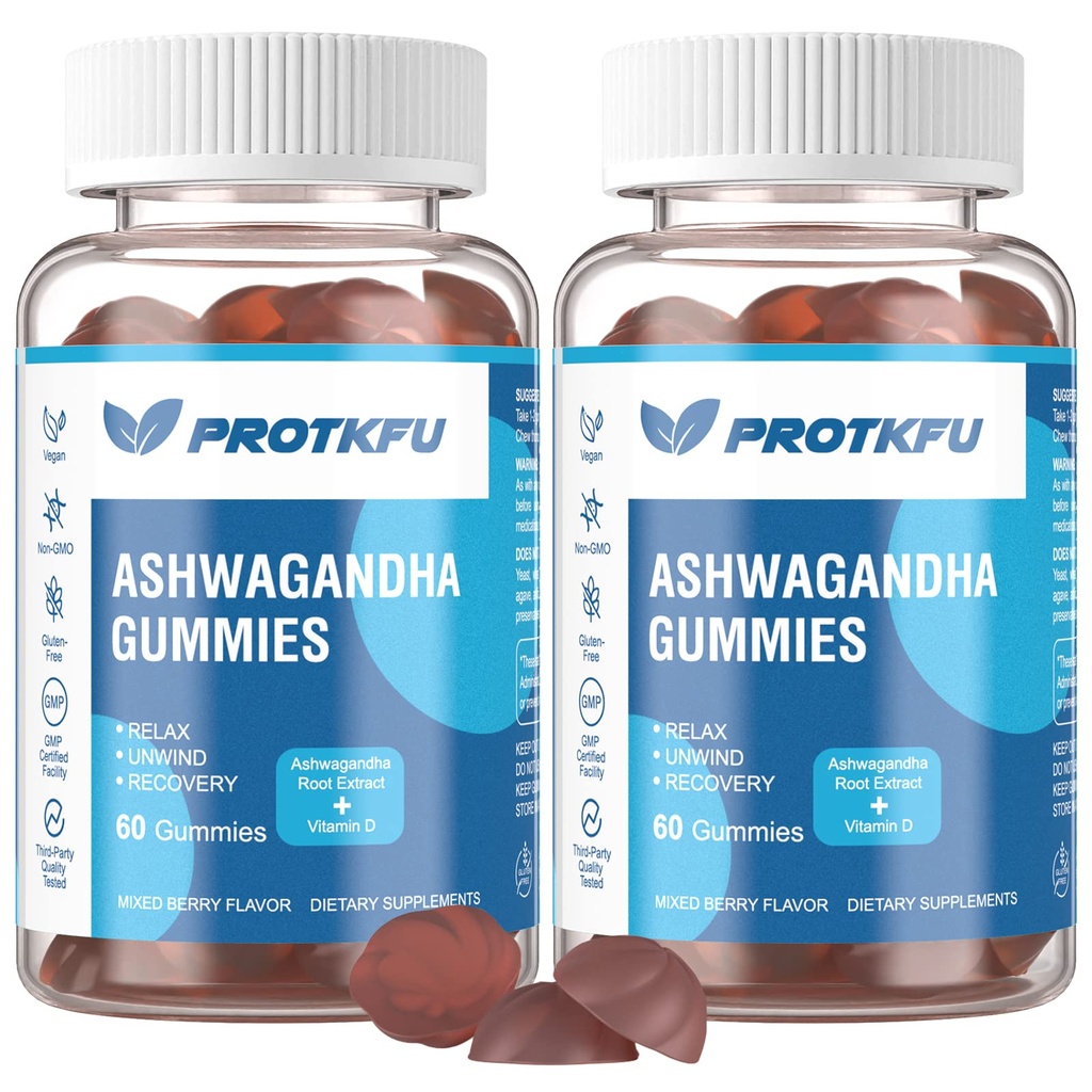 2 Pack Ashwagandha Gummies & Vitamin D3 Gummies Organic Aswangdha supplement til Forbedre søvn, Stress Relief & Mood Calm (non-GMO, Gluten- Free & Sugar Free)
