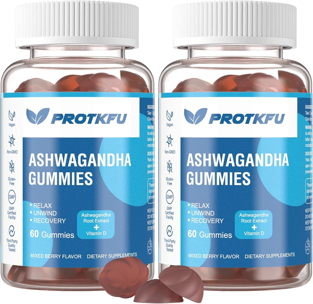 2 Pack Ashwagandha Gummies & Vitamin D3 Gummies Organic Aswangdha supplement til Forbedre søvn, Stress Relief & Mood Calm (non-GMO, Gluten- Free & Sugar Free)