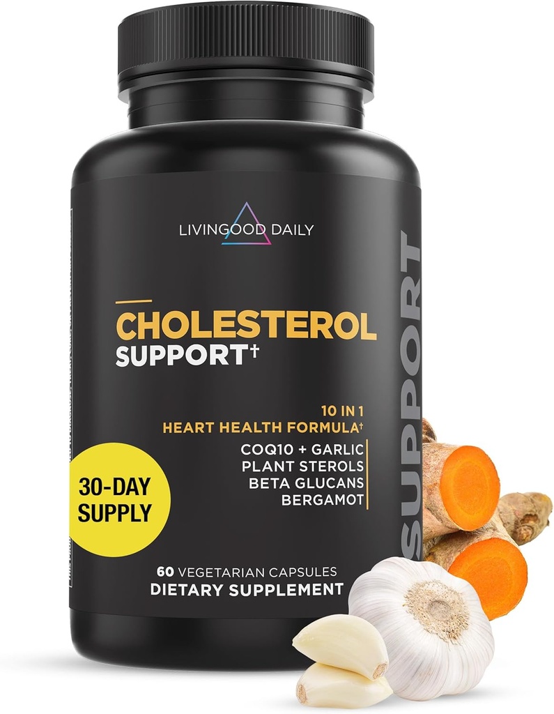 Livingood Daily Cholesterol Support med hvidløg, CoQ10, E-vitamin, Bergamot, Plant Steroler til krop og hjerte sundhed support, Understøtter LDL og triglycerider, Gluten Free, Vegan, 60 Kapsler