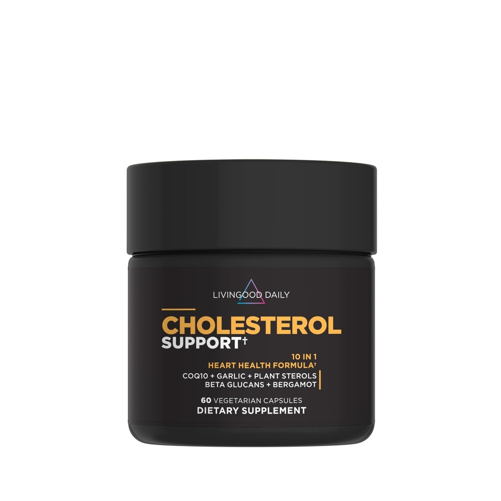Livingood Daily Cholesterol Support med hvidløg, CoQ10, E-vitamin, Bergamot, Plant Steroler til krop og hjerte sundhed support, Understøtter LDL og triglycerider, Gluten Free, Vegan, 60 Kapsler