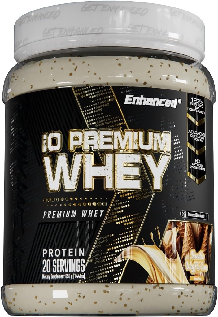 Forstærket IO Premium Whey Protein Powder, højt proteinindhold, bedre end Whey Hydrolysat (20 Servere, Vanilla Waffle Cone)