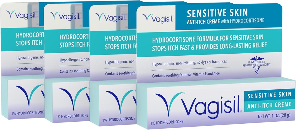 Vagisil Feminin Anti- Itch Cream for Women, Følsom Skin Formel med Hydrocortison, Hjælper lindre Gær Infektion Irritation, Gynecologist Testet, Sodes & Cools, 1oz (Pack of 4)