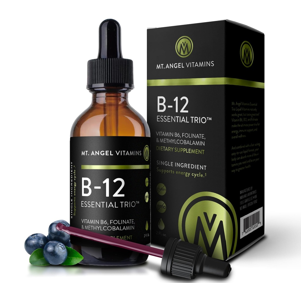 Mt. Angel Vitamin - B12 Essential Trio - Vegansk Sublingual Drops med højpotens methyl B12, B6 & Folate - Easy Absorption Liquid - Non- GMO, Made in USA